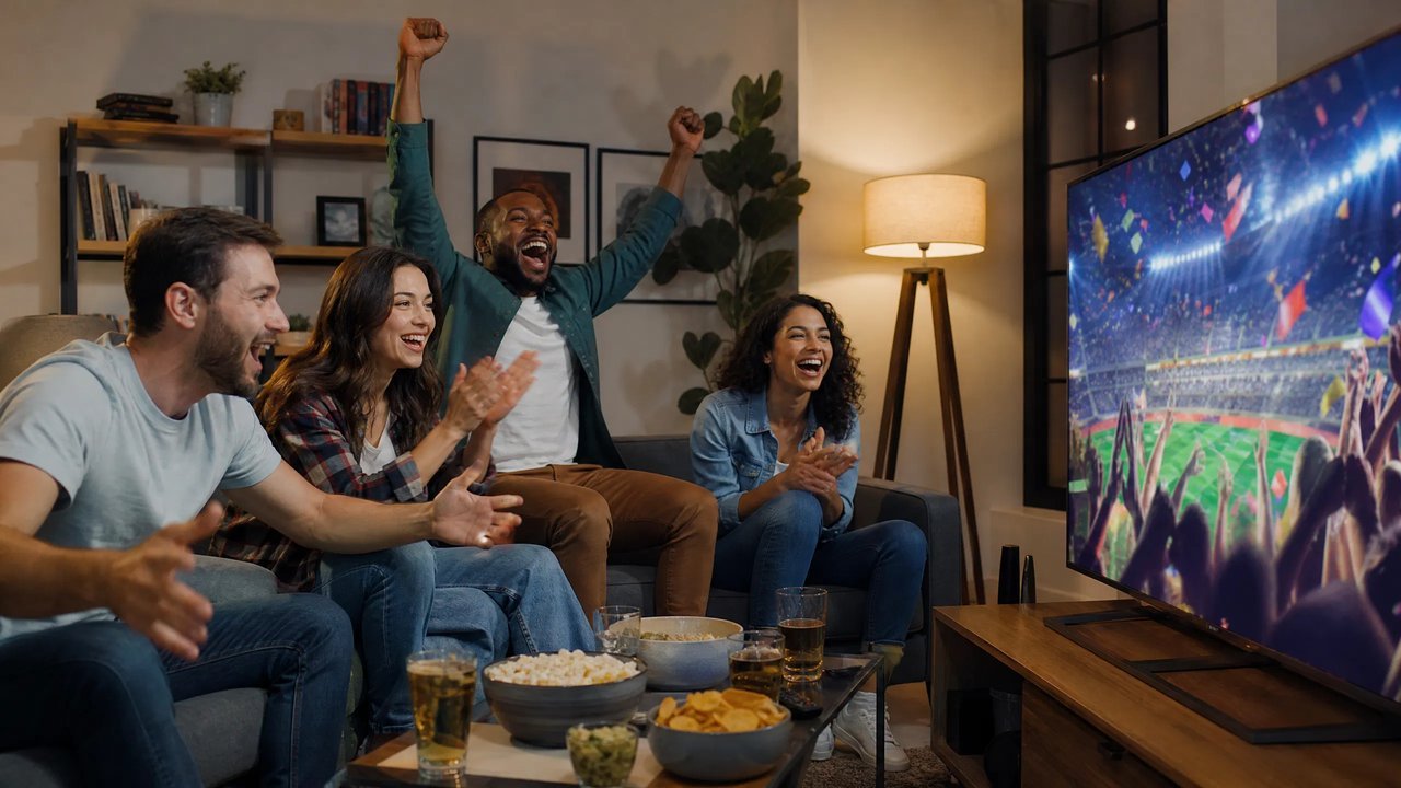 Amigos assistindo IPTV em tela grande